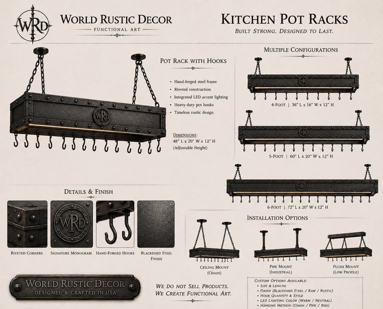 World Rustic Decor industrial hanging kitchen pot rack with LED lighting and hand-forged steel hooks.