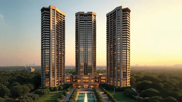 a large building with two tall buildings in the background