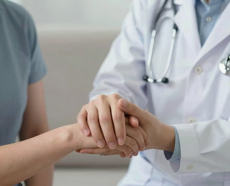 A compassionate healthcare provider gently comforting a woman in a softly lit clinic room.