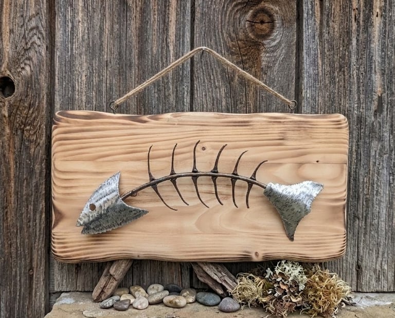 Hanging wall art of a fish made from recycled metal materials and horseshoe pins on a wood frame