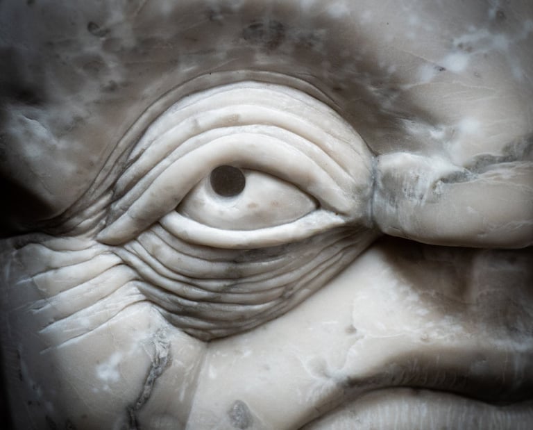 Extreme close-up of a detailed eye carved in marble from a classical Renaissance sculpture.