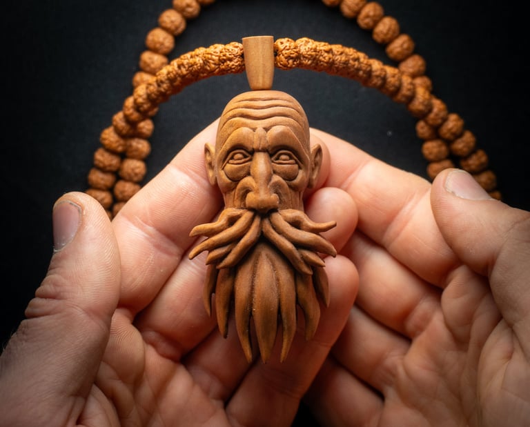 Hand-carved wooden monk pendant with rudraksha mala beads held in hands, artisanal spiritual jewelry.
