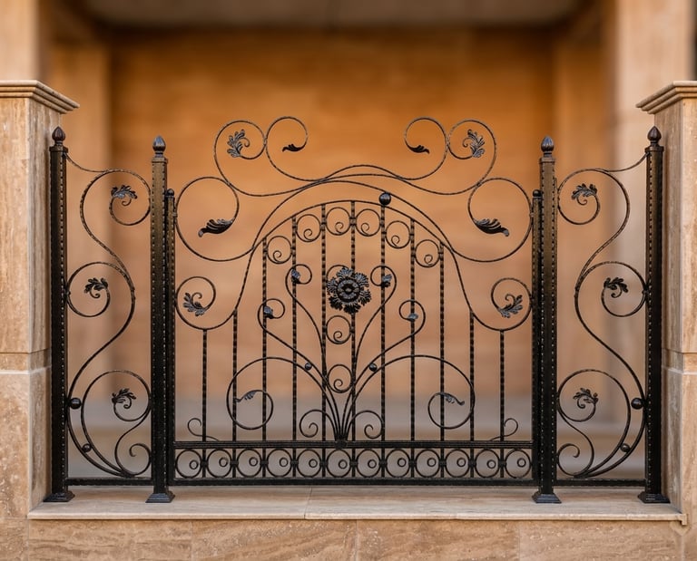 Ornate black wrought iron decorative fence with floral scrolls mounted on stone pillars.