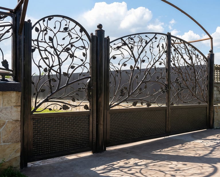 Ornate wrought iron gate with a decorative vine and leaf design installed on a stone driveway.