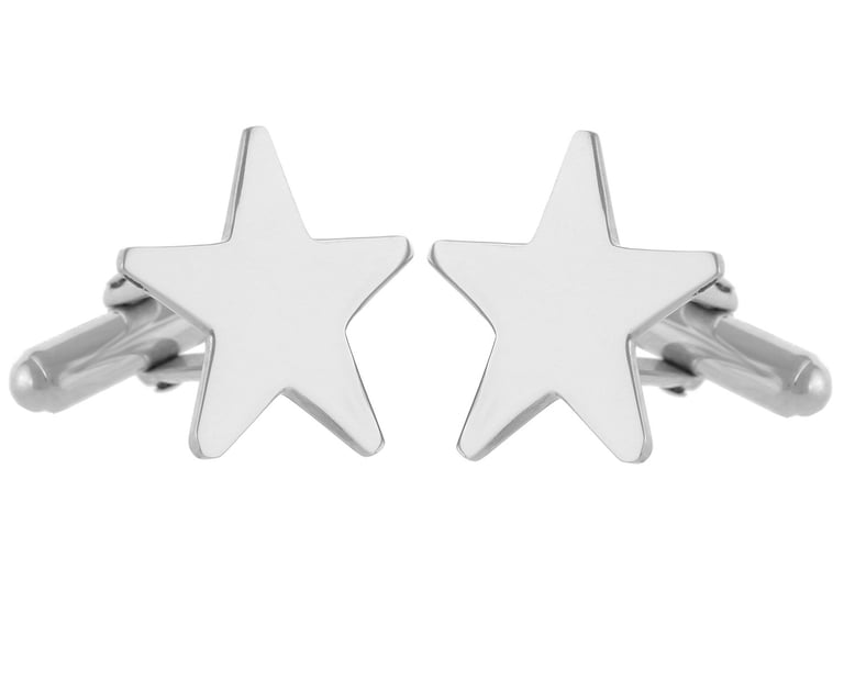 Polished silver star-shaped cufflinks for men, perfect formal wear accessories for suits.