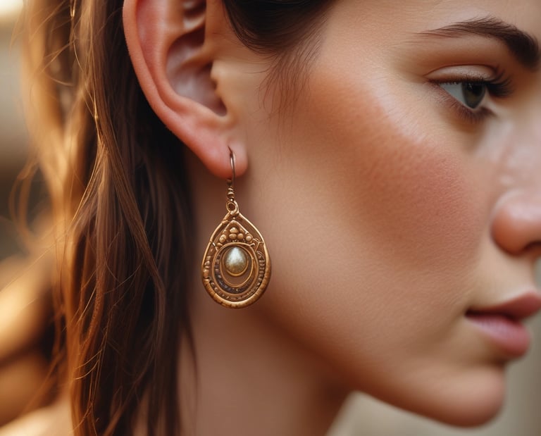 mujer que luce elegantes pendientes bohemios dorados