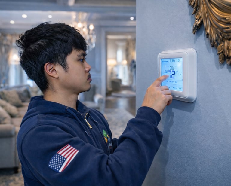 A man adjusts a digital smart thermostat on a wall to control home HVAC temperature settings.
