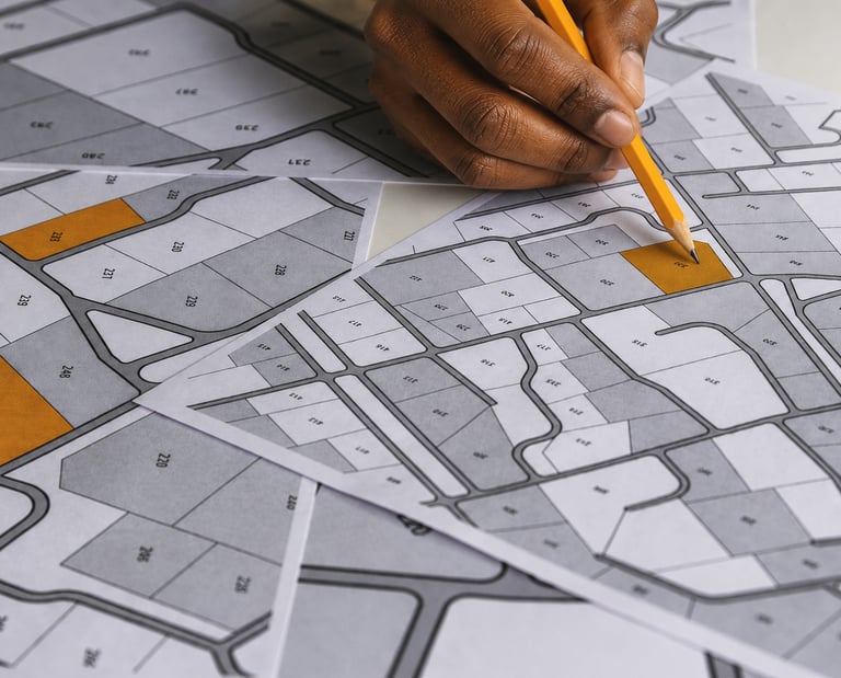A person using a yellow pencil to point at a specific plot on a real estate land development map.