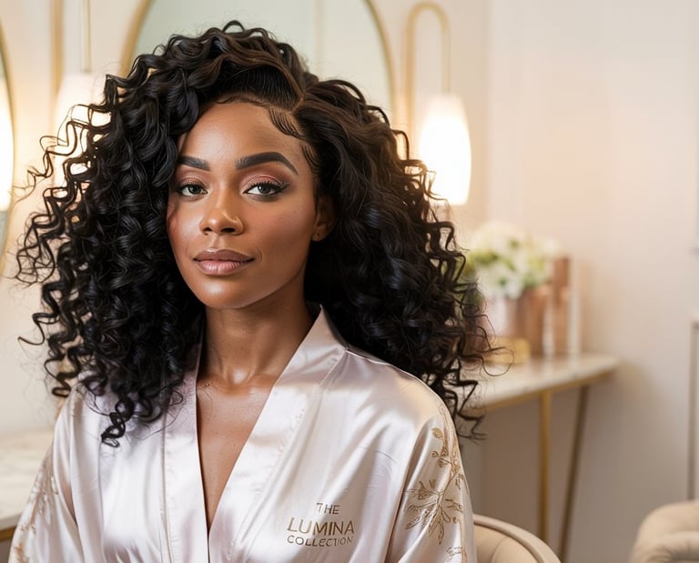  Femme noire aux cheveux bouclés, souriante, assise dans un fauteuil de salon de coiffure, ambiance 