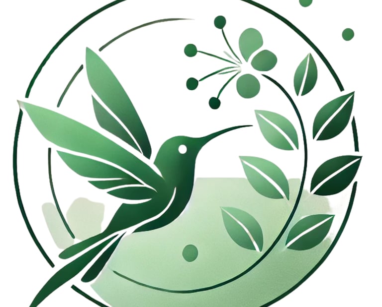 Logo da clínica cores e psicologia, beija-flor e flor de café, representa o processo terapêutico. 