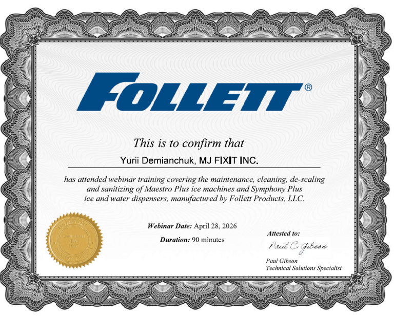 follett symphony dispenser descaling and cleaning certificate