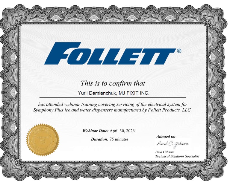 follett symphony dispenser certificate for the electrical systems of the unit