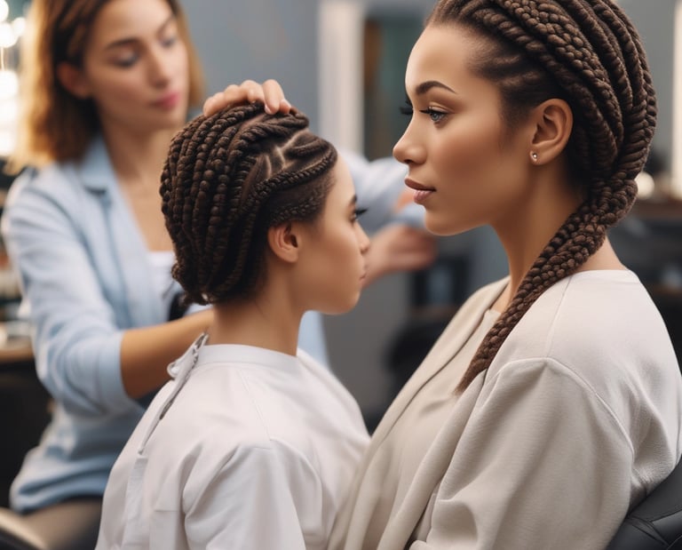 A person is seated in a hair salon with a cape around their shoulders. Another individual is styling their hair using a comb. The salon has bright decorations on the wall, including flowers, and there are various hair styling tools and products on a counter.