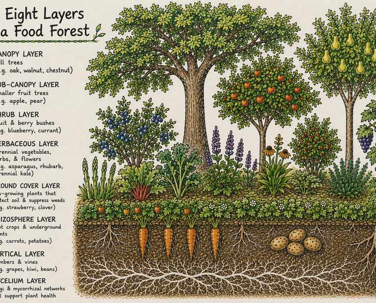 The eight layers of the food forest illustrated