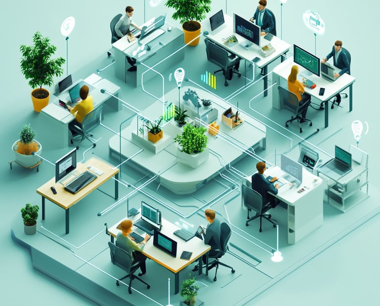 a group of people working on computers and sitting at desks
