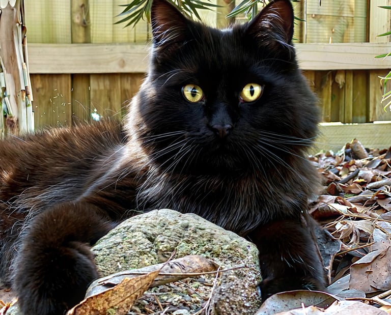 a black cat laying on a pile of rocks