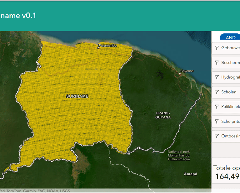 GeoGRID for Suriname v0.1 — national geospatial proof-of-concept showing a grid overlay across Suriname with land-use and environmental data layers
