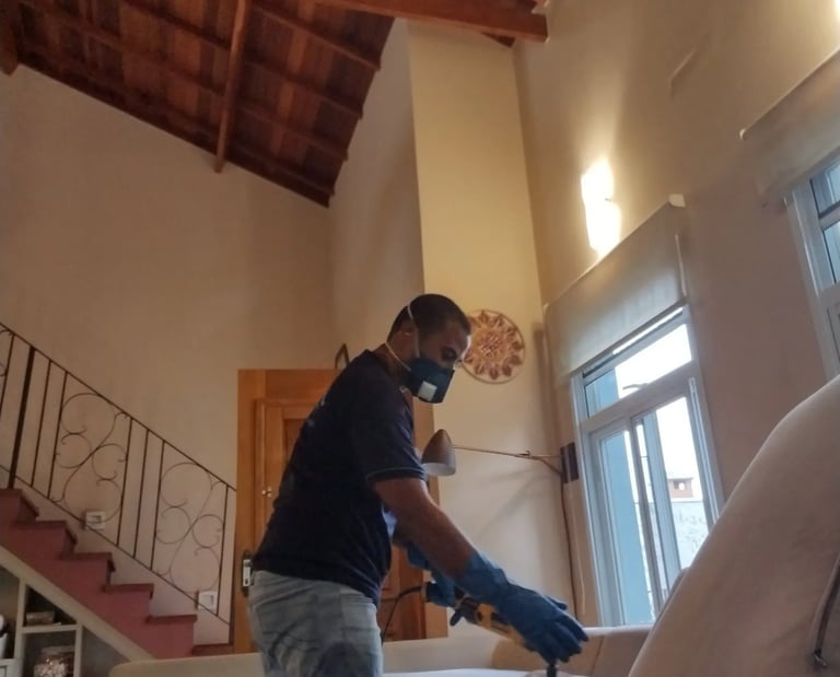 Limpeza de sofá bege em Campinas -procedimento técnico com escovação e proteção individual.