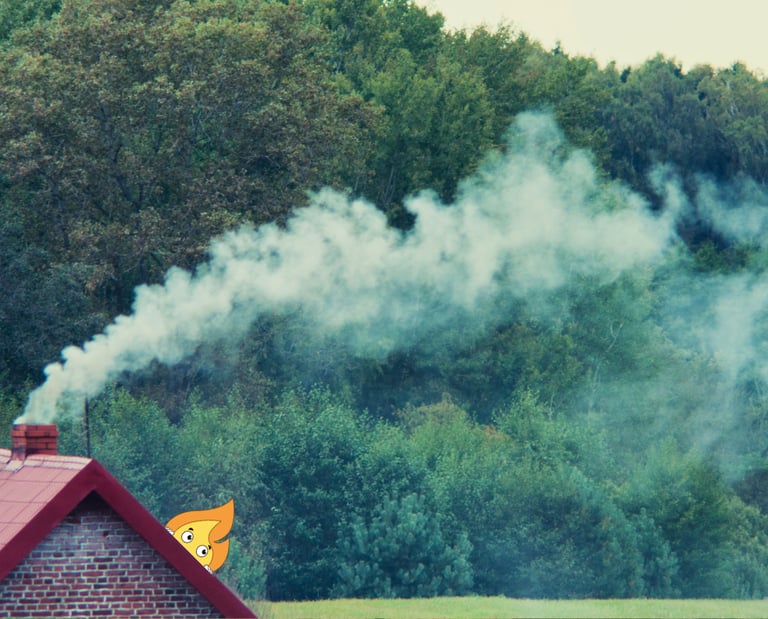 Petite maison avec de la fumée de bois de chauffage de MaxThomasBois avec une petite flamme logo Max