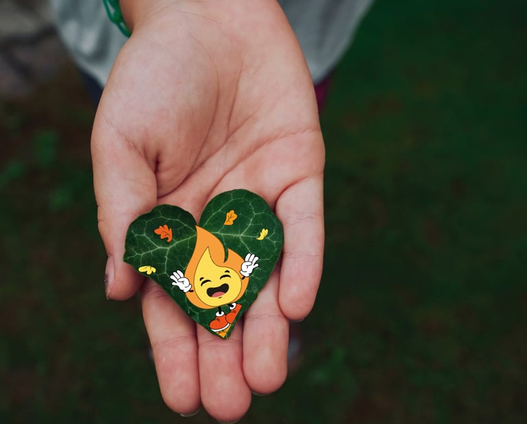 Maxima la petite flamme notre mascotte de MaxThomasBois sur une feuille verte en forme de coeur