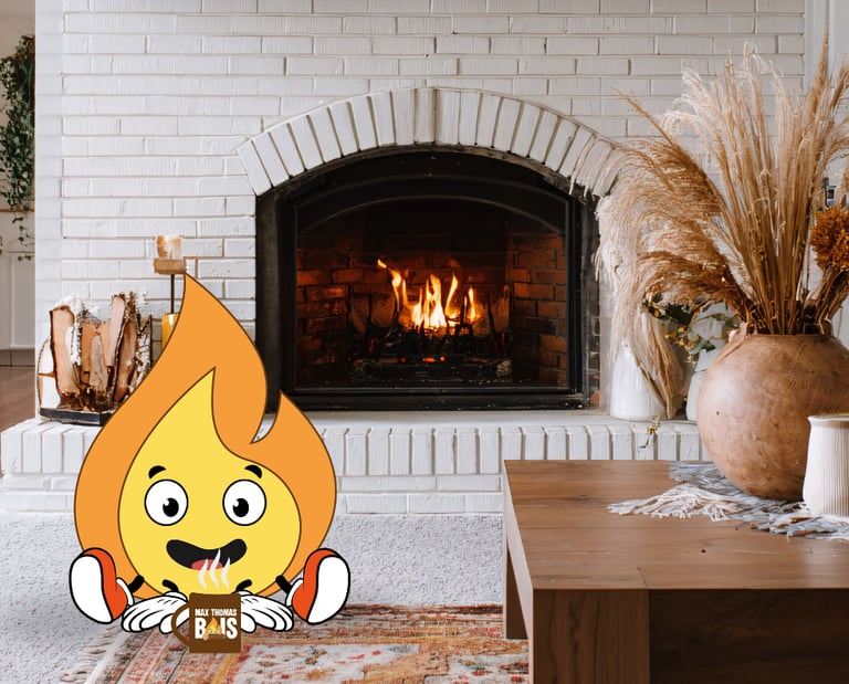 Petite flamme de MaxThomasBois qui boit du chocolat a coté d'un feu de cheminée
