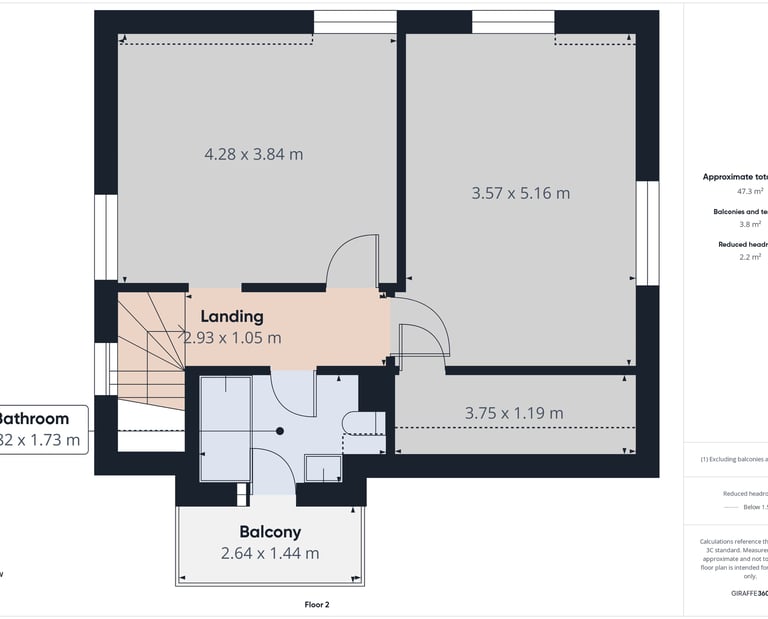 Detailed 2D floor plan for a second floor layout including dimensions for a landing, bathroom, and balcony.