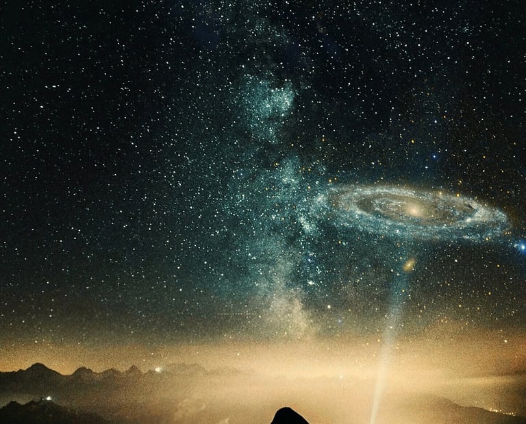 a person standing on a mountain top with a view of a galaxy