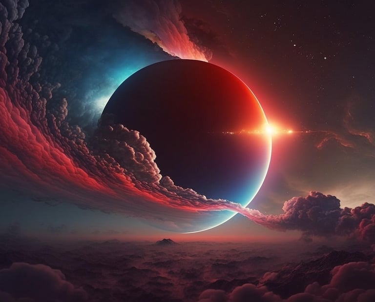 a planet with a bright red sun and a bright blue sky