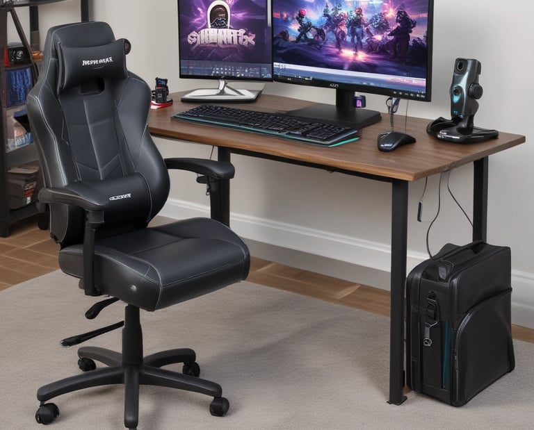 A person is seated on a gaming chair in a dimly lit room with a modern setup that includes a computer, microphone, and multiple screens. The walls are decorated with soundproofing panels and a geometric LED light panel. A framed picture of trees is hung on the wall. The atmosphere suggests a gaming or streaming environment.