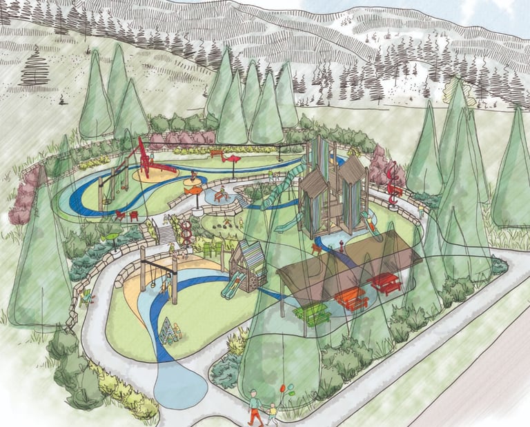 a drawing of a park with a river running through it