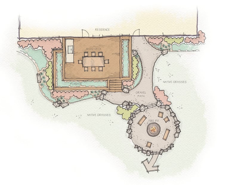 a drawing of a house with a circular shaped garden