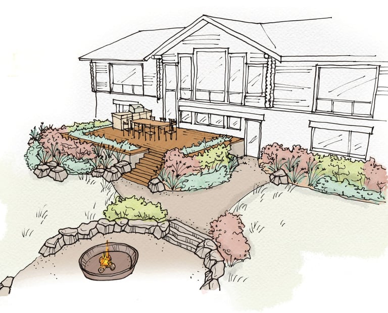 a sketch of a house with a fire pit