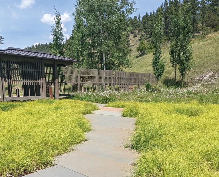 a stone pathway through a sedge lawn and wooden gate housee