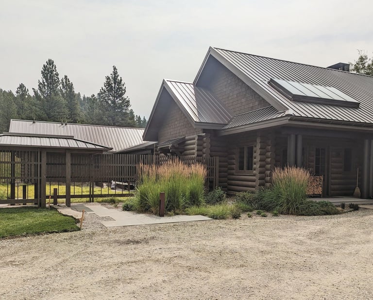 a log cabin with a metal roof