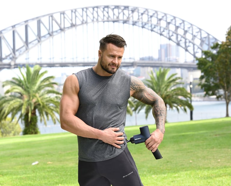 Muscle vibration gun for sore muscle recovery.
