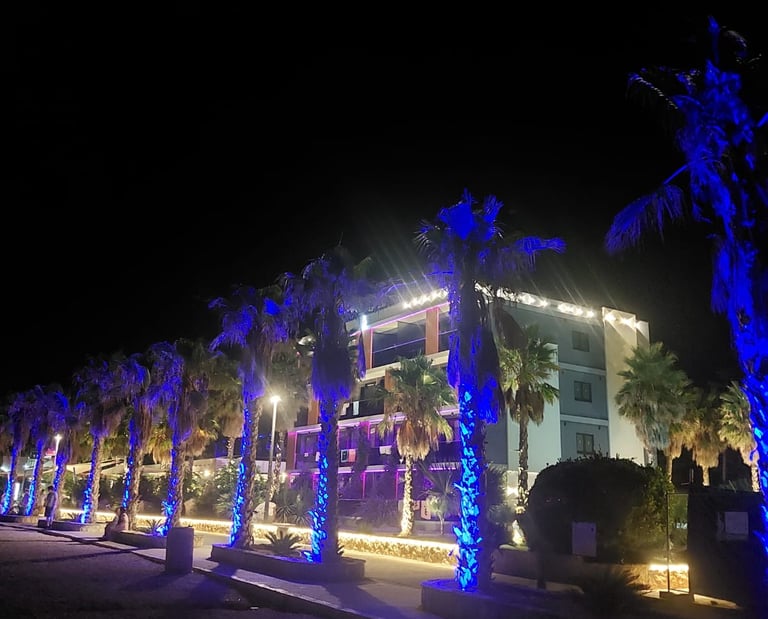 Beleuchtete Palmen in Novalja, Kroatien