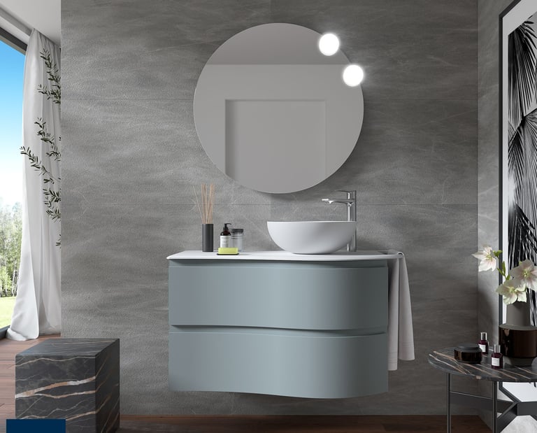 blue curved bathroom unit