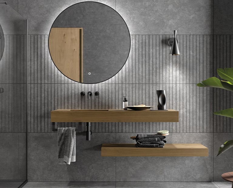 a bathroom with a wooden vanity