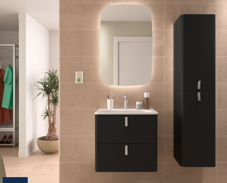 Black bathroom vanity and wall unit