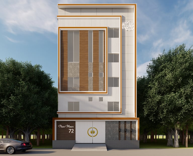 Contemporary building exterior with sleek architecture and a landscaped entrance