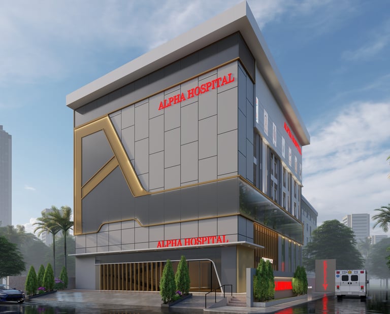 Contemporary building exterior with sleek architecture and a landscape. Alpha Hospital attapur