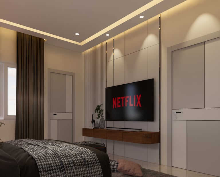 Stylish and modern living room with elegant furniture and warm lighting