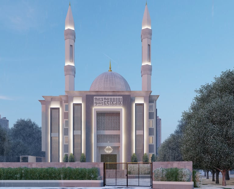Contemporary mosque exterior with sleek architecture and a landscaped entrance