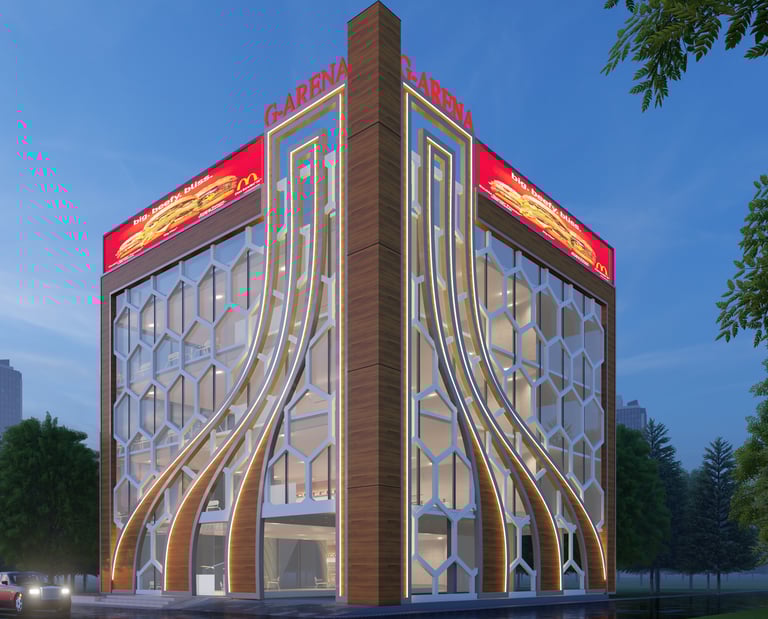 Contemporary building exterior with sleek architecture and a landscaped entrance