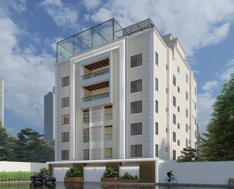 Contemporary building exterior with sleek architecture and a landscaped entrance