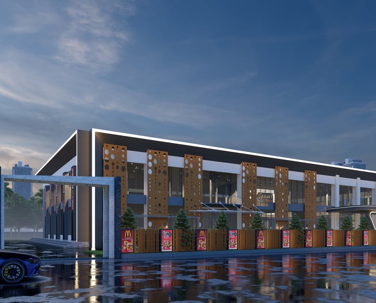 Contemporary building exterior with sleek architecture and a landscaped entrance