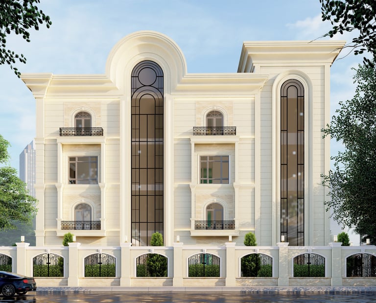 Contemporary building exterior with sleek architecture and a landscaped entrance