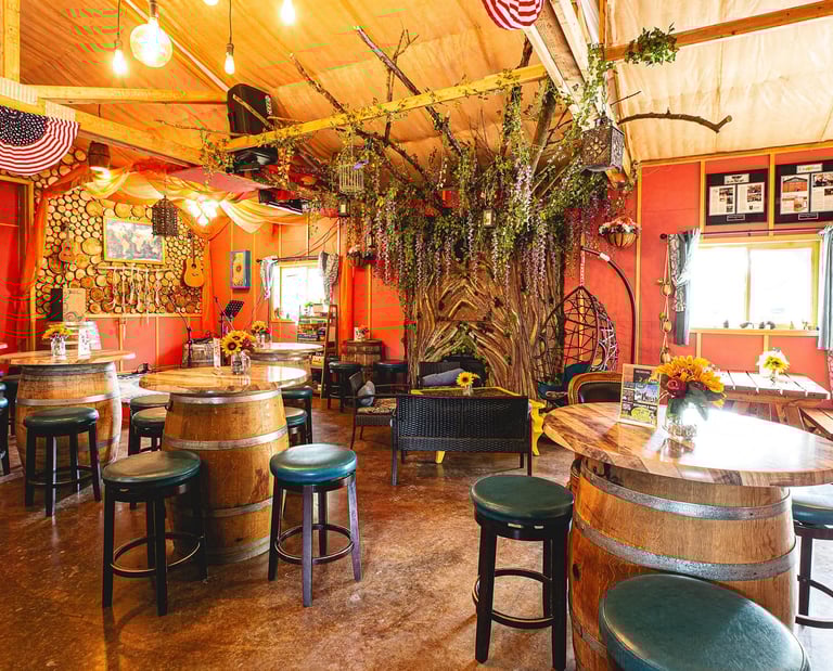 Rustic winery tasting room featuring wine barrel tables, teal bar stools, and floral decor.