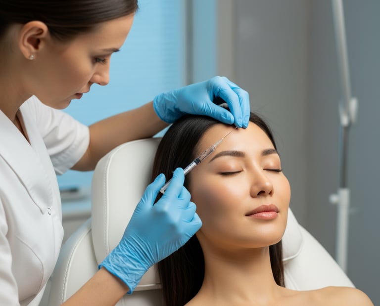 Cosmetic doctor performing a Botox forehead injection on a woman in a medical spa clinic.