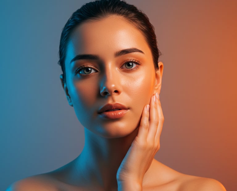 Portrait of a woman with glowing skin and blue and orange cinematic lighting for skincare beauty.